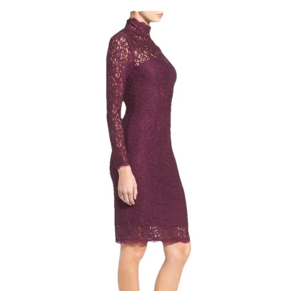 Adrianna Papell Plum Lace Sheath Dress Petite 2P Long Sleeve Mock Neck Cocktail